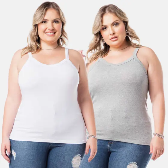 Kit 2 Regatas Moda Plus Size De Viscolycra Alça Larga Feminina 1123-K2-DROP-C1