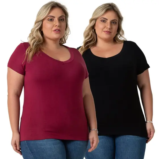 Kit 2 Blusa Plus Size Decote V Várias Cores Moda Feminina 103836-K2-DROP-C1