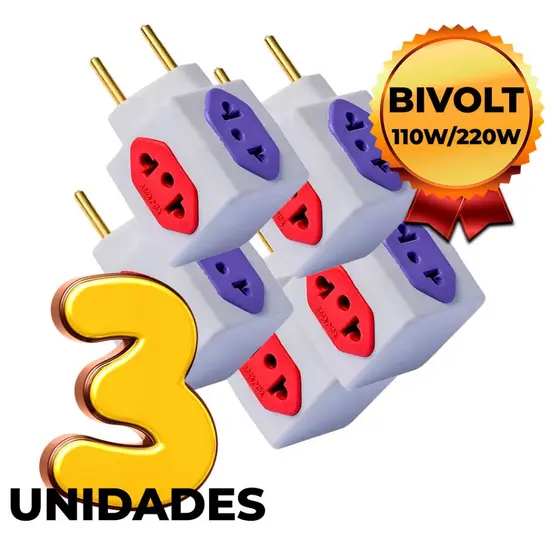 Kit 3 Adaptador de Tomada Cubo Colorido 4 Entradas Bivolt Universal 10A e 20A