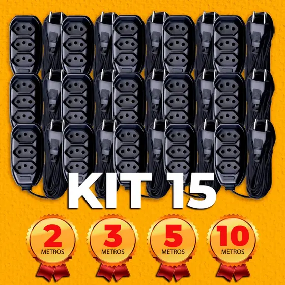 Kit 15 Extensões Elétrica 2 a 10 metros  Para Comércio Preta 110w/220w