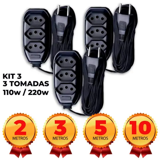 Kit 3 Extensões 2 a 10 metros Elétrica Preta 110w/220w