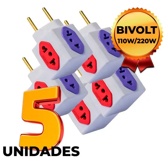 Kit 5 Adaptadores de Tomada Cubo Colorido 4 Entradas Bivolt Universal 10A e 20A