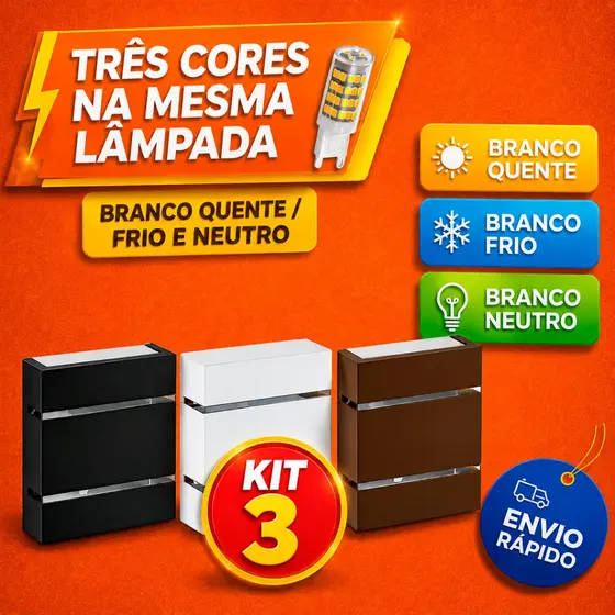 Kit 3 Arandelas com lâmpada 3 cores na mesma lâmpada 300040006500K ÁREA EXTERNA ILUMINAÇÃO