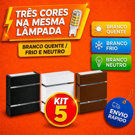 Kit 5 Arandelas com lâmpada 3 cores na mesma lâmpada 300040006500K ÁREA EXTERNA ILUMINAÇÃO