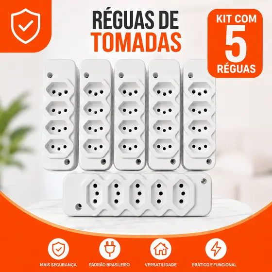 KIT COM 5 TOMADA BARRA REGUA (ATACADO) 2, 3, 4, 5 ENTRADAS PINO 10/20A REFORCADA