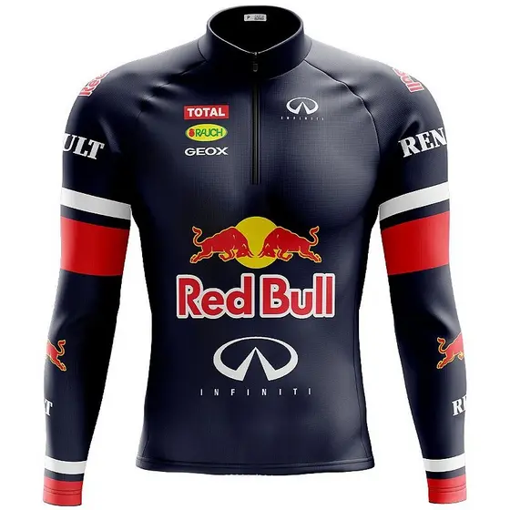 CAMISA CICLISMO MASCULINO RED BULL AZUL PETRÓLEO COM BOLSOS UV 50+