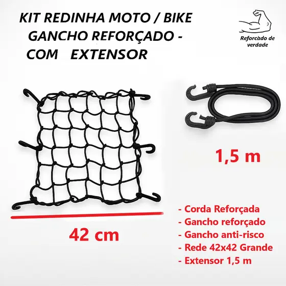 Kit Rede Elastica Extensor Redinha Moto Bike Aranha Capacete Carga Reforçado Gancho Plástico Premium