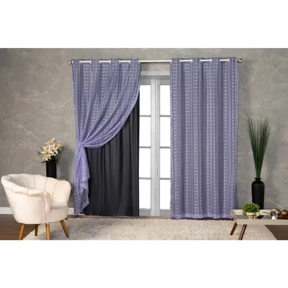 Cortina Blackout PVC prata com Voil Xadrez - Vários tamanhos