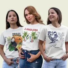 KIT 3 T-Shirt Feminina Brasil Branco - 100% Algodão Premium