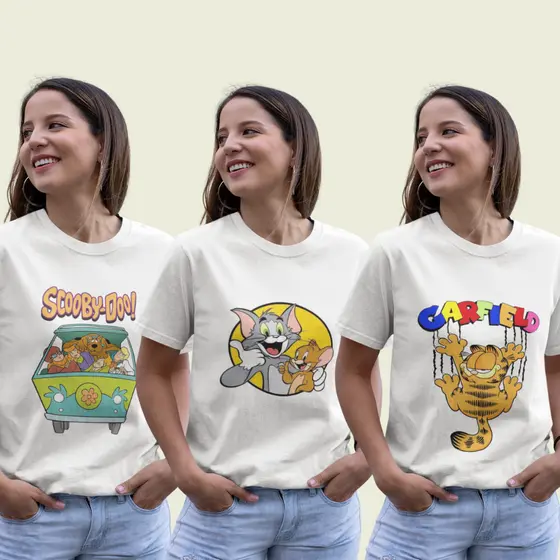 KIT 3 T-Shirts Femininas Desenho Animado - Tom e Jerry, Scooby Doo e Garfield