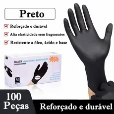 Luva Nitrílica Preta Descartável Sem Pó 100 Unidades para uso Profissional