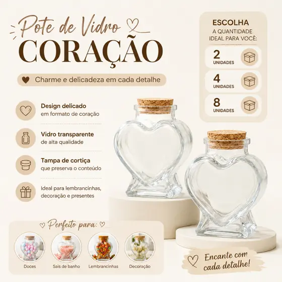 Pote de Vidro Decoração Coração e Estrela 80 ml com Tampa