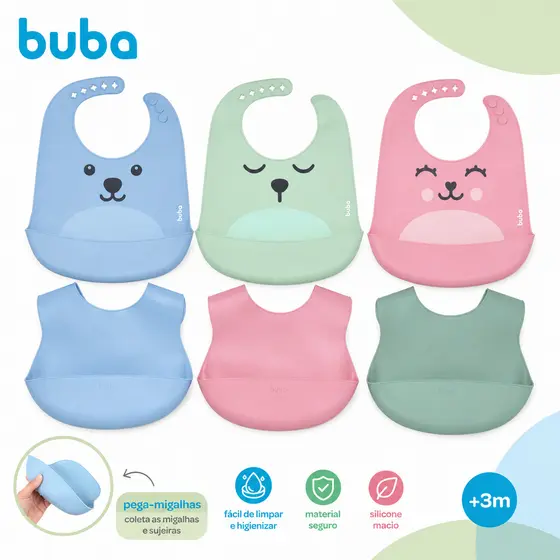Babador em Silicone Buba com Pega Migalhas Gummy Rosa Azul e Verde