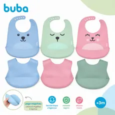 Babador em Silicone Buba com Pega Migalhas Gummy Rosa Azul e Verde