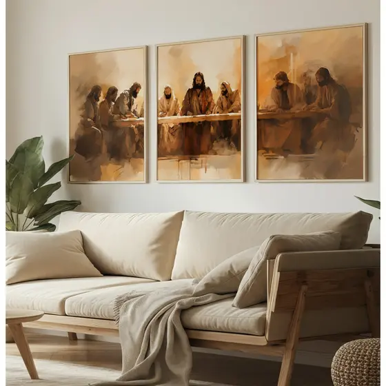 Quadro Santa Ceia Grande Kit 3 Quadros Decorativos Com Moldura Quadro Cristão Religioso Abstrato