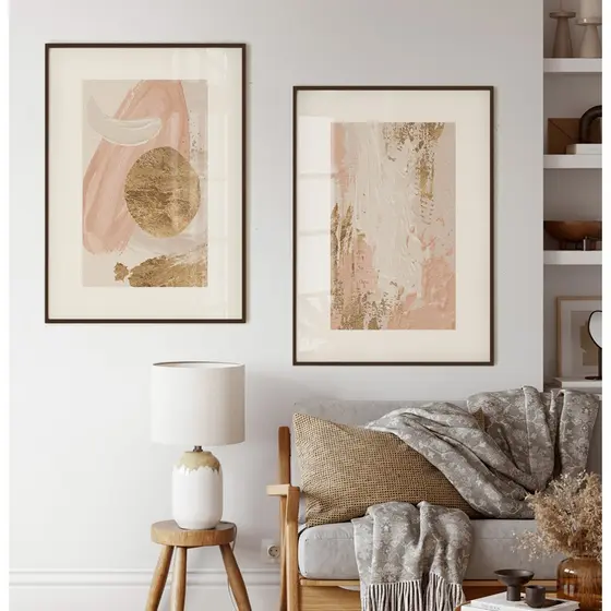 Quadro Decorativo Com Moldura E Vidro Sala Quadro Decorativo Escritório Kit Abstrato Rosé E Dourado