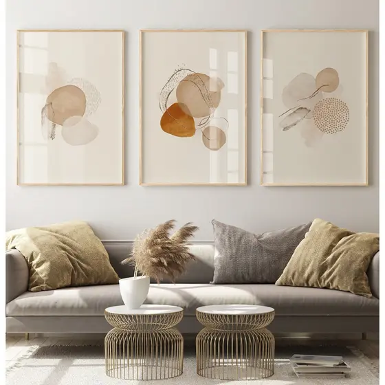 Quadro Boho Chic Com Moldura Quadro Abstrato Para Sala Trio De Quadros Decorativos Terracota E Bege