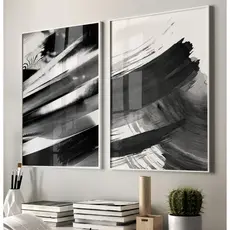 Quadro Abstrato Preto E Branco Com Moldura Quadro Decorativo Escritório Quadro Sala Pinceladas Kit