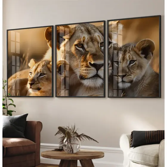 Quadro Leoa Com 2 Filhotes Quadro Com Moldura E Vidro Quadros Decorativos para Sala Grande Trio