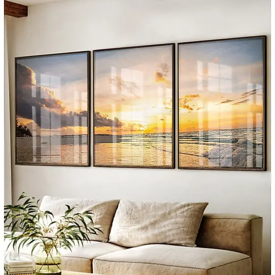 Quadro Paisagem Quadro Decorativo Sala Com Moldura Quarto Casal Quadro Mar Praia Pôr Do Sol Trio