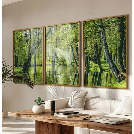 Quadro Decorativo Sala Grande Trio De Quadros Decorativos Com Moldura Quadro Natureza Lagoa Verde