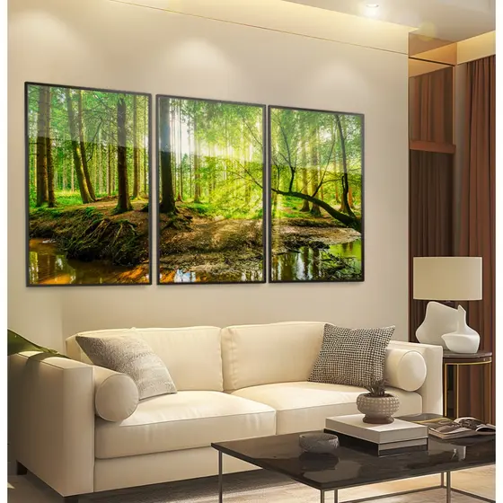 Quadro Paisagem Com Moldura Trio De Quadros Decorativos Para Sala Quadro Natureza Lago Na Floresta