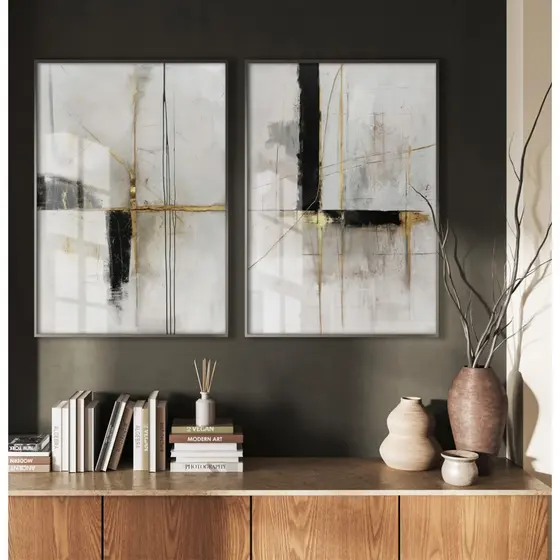 Kit 2 Quadros Decorativos Quarto Quadro Abstrato Grande Quadros Modernos Para Sala Dourado Neutro