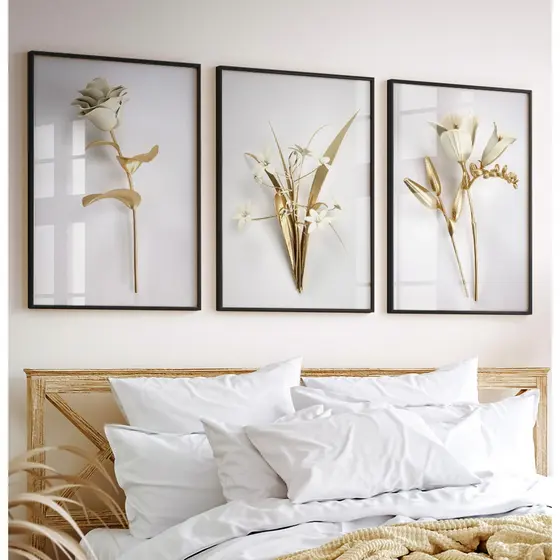 Quadro De Flores Quadro Com Moldura E Vidro Quadro Decorativo Sala Quarto Quadro Dourado Buquê Trio
