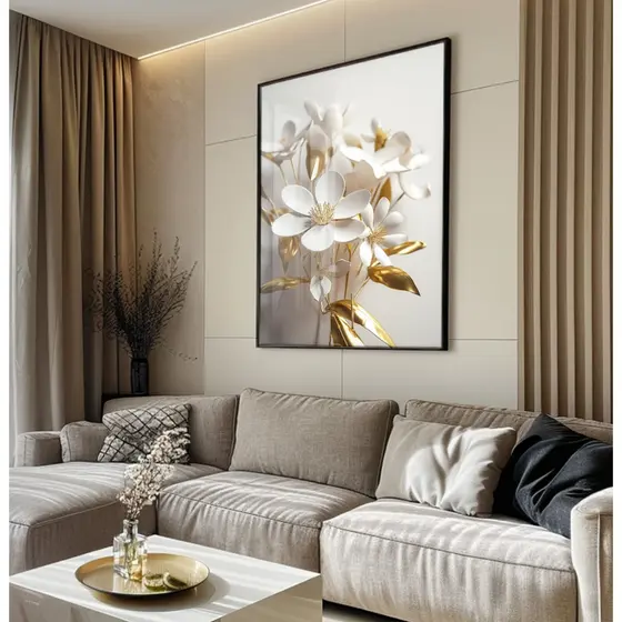 Quadro De Flores Com Moldura E Vidro Quadro Quadro Decorativo Sala Grande Quadro Floral Ouro Branco