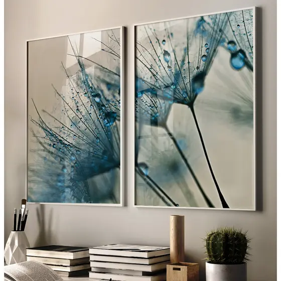 Quadro Dente De Leão Kit 2 Quadros Decorativos Com Moldura Para Sala Quadro Natureza Azul Escuro