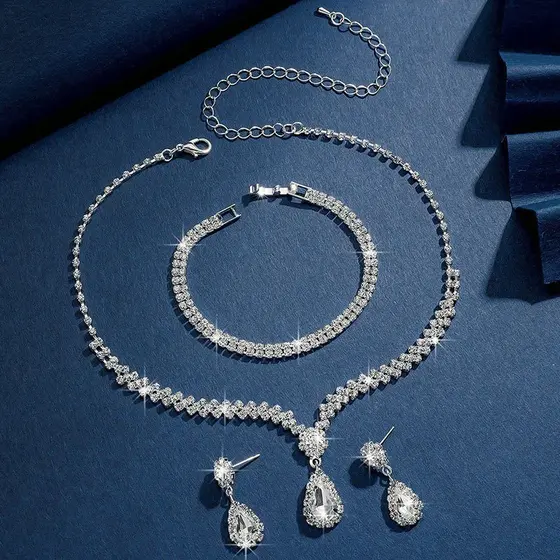 Conjunto De Joias De Noiva De Prata Para Mulheres , Colar De Casamento , Brincos , Pulseira,3 Peças , Acessórios De Fest