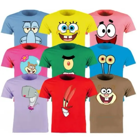Camiseta Unissex Camisa Estampada Personagem Festa Turma Bob Esponja Infantil ao G3 Plus