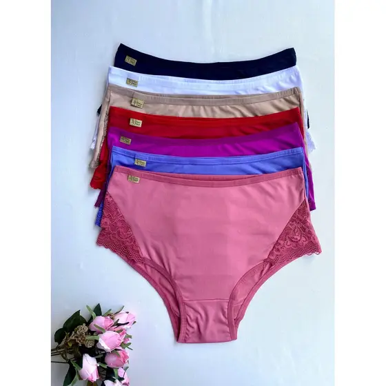 Kit Calcinha Plus Size Hot Pants Senhora C/ Renda Conforto Cós Alto Cintura Alta
