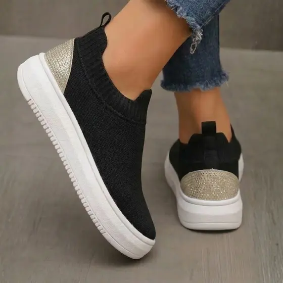 Tenis Meia Feminino Plataforma Casual Confotavel Detalhe em Strass Slip On