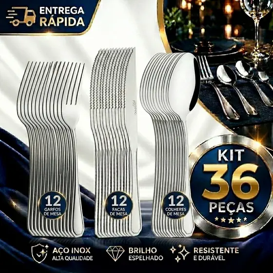 Conjunto Jogo de Talheres 36 peças Aço Inox 12 Facas 12 Garfos  12 Colheres de Mesa Casa Restaurante Qualidade Exlusiva