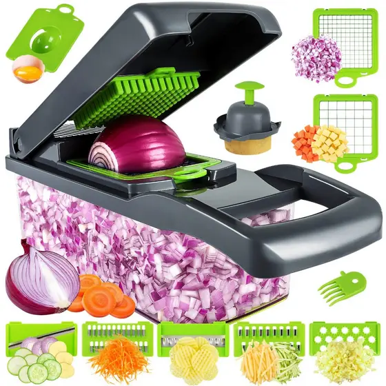 Cortador de Legumes Multifuncional 14 em 1 | Fatiador, Ralador e Picador com Recipiente | Mandoline Profissional de Cozi