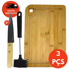 Kit Tabua Corte Madeira Martelo Amaciador Carne Batedor Faca Peixeira 5” Cozinha Restaurante