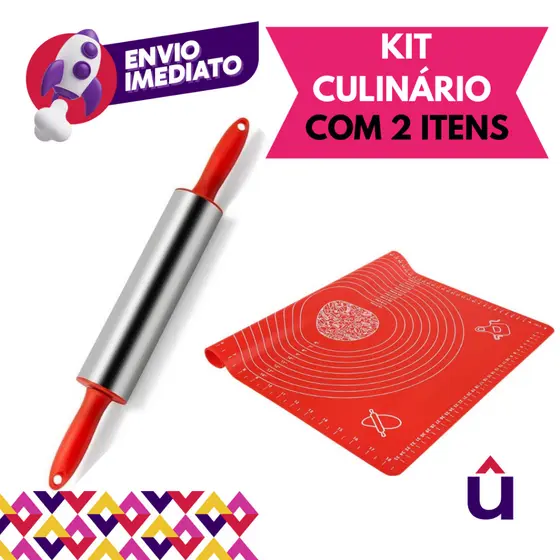 Kit 02 Pç Tapete Culinário Marcação Silicone E Rolo Inox Abrir Massa Pastel Pizzas Confeitaria