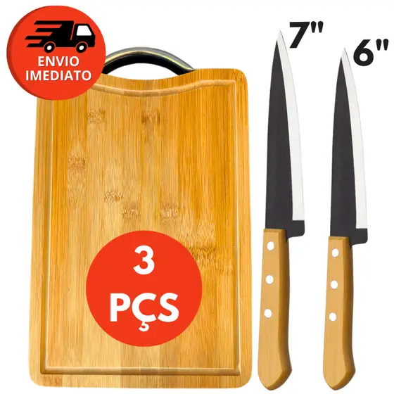 Kit Tábua Para Corte Em Madeira Bambu Com Alça Inox  E 2 Facas Cozinha Peixeira Profissional 7” e 6”