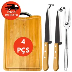 Kit Churrasco 04 Pç Tábua Corte Madeira Garfo Trinchante Inox Faca Peixeira Cabo Madeira 6” E 7”