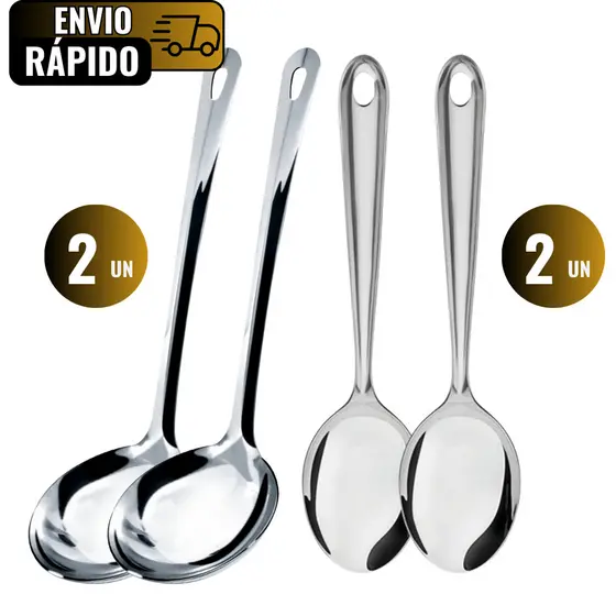 Conjunto 2 Conchas De Feijão 2 Colheres De Arroz em Aço Inox Premium Para Servir Caldos Arroz Feijão