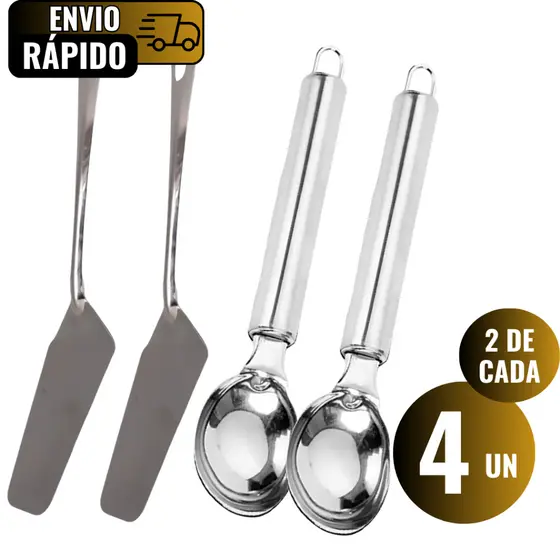 Conjunto 2 Colheres De Sorvete E 2 Espátulas Inox Premium Para Sobremesa Bolo Sorvete Açaí Sorveteria