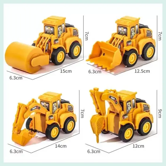 Kit 4 Caminhões de Construção com Fricção  Escavadeira, Pá, Retro e Rolo – Diversão Garantida!