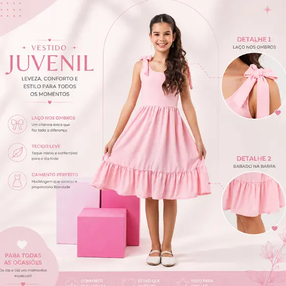 Vestido Juvenil Menina Festa Casual Dia a Dia Cores Lisas Até o 16 Anos
