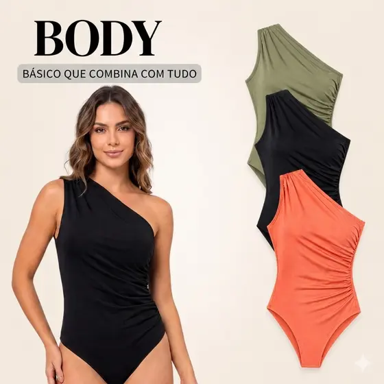 Body Feminino Mula Manca Um Ombro Só Com Drapeado na Lateral Suplex Cores Lisas