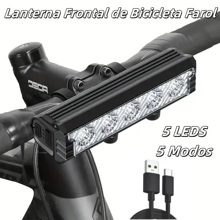 Farol Bike 5 Leds Forte Barra Alumínio USB Ciclismo Camping