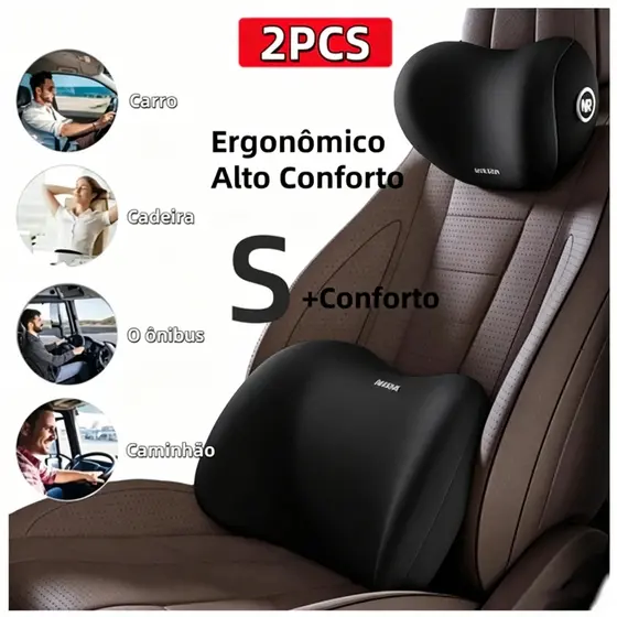 Almofada Cabeça e Lombar para Carro – Conjunto Veicular, Apoio Banco Espuma de Memória