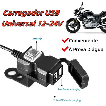 Carregador De Guiador De Moto À Prova D'água 12V-24 Fonte De Alimentação USB Dupla Para Telefone Móvel