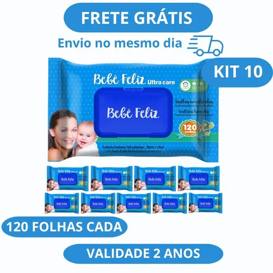Kit 10 Lenços Umedecidos Bebê Feliz 120 Folhas Cada