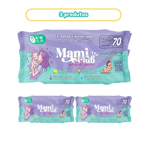 KIT 3 LENÇOS UMEDECIDOS MAMI CLUB PROTECT CARE 210 FOLHAS